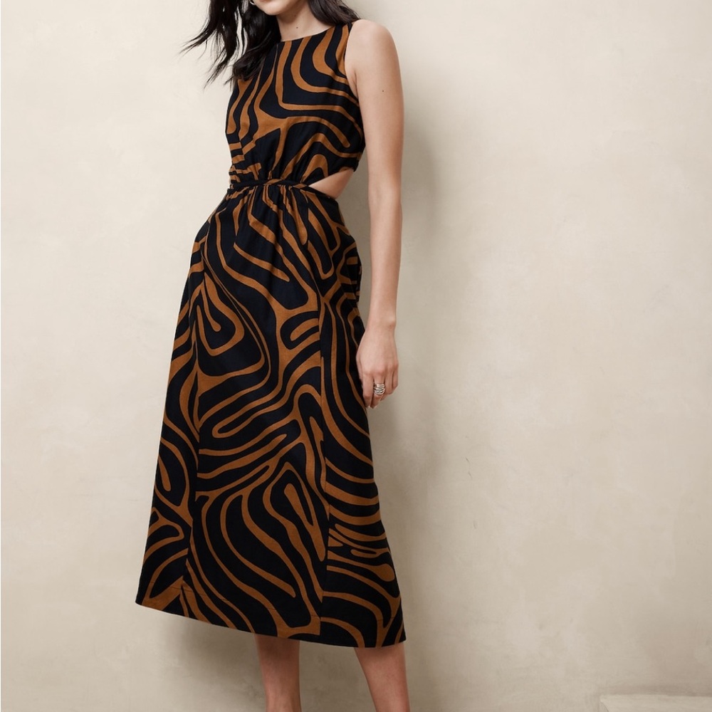 LINEN-BLEND CUT-OUT MIDI DRESS Banana Republic Brown Zebra
